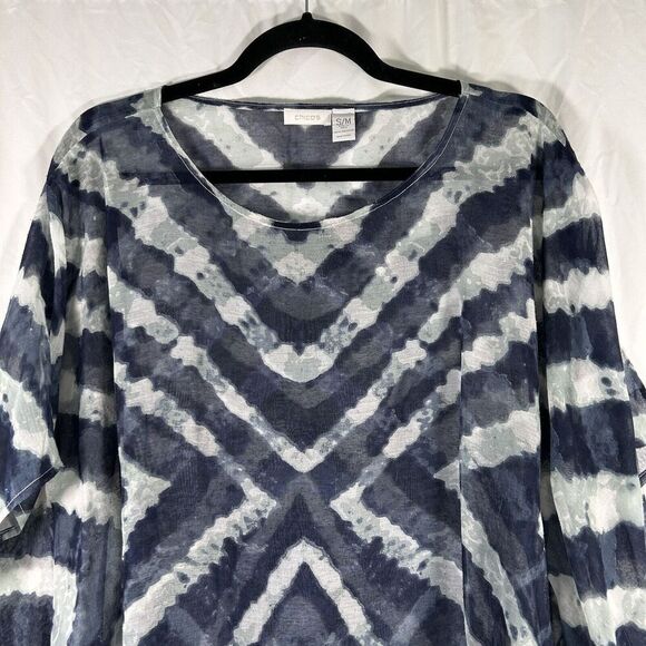 Chico's Blouse Top Women's S/M Blue Sheer Round Neck Slit Sleeve Pullover - Picture 2 of 12